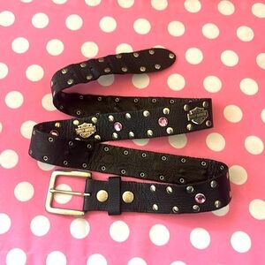 Harley Davidson Women's Black Leather Pink RhinestonesEmbellished Belt - Size 38